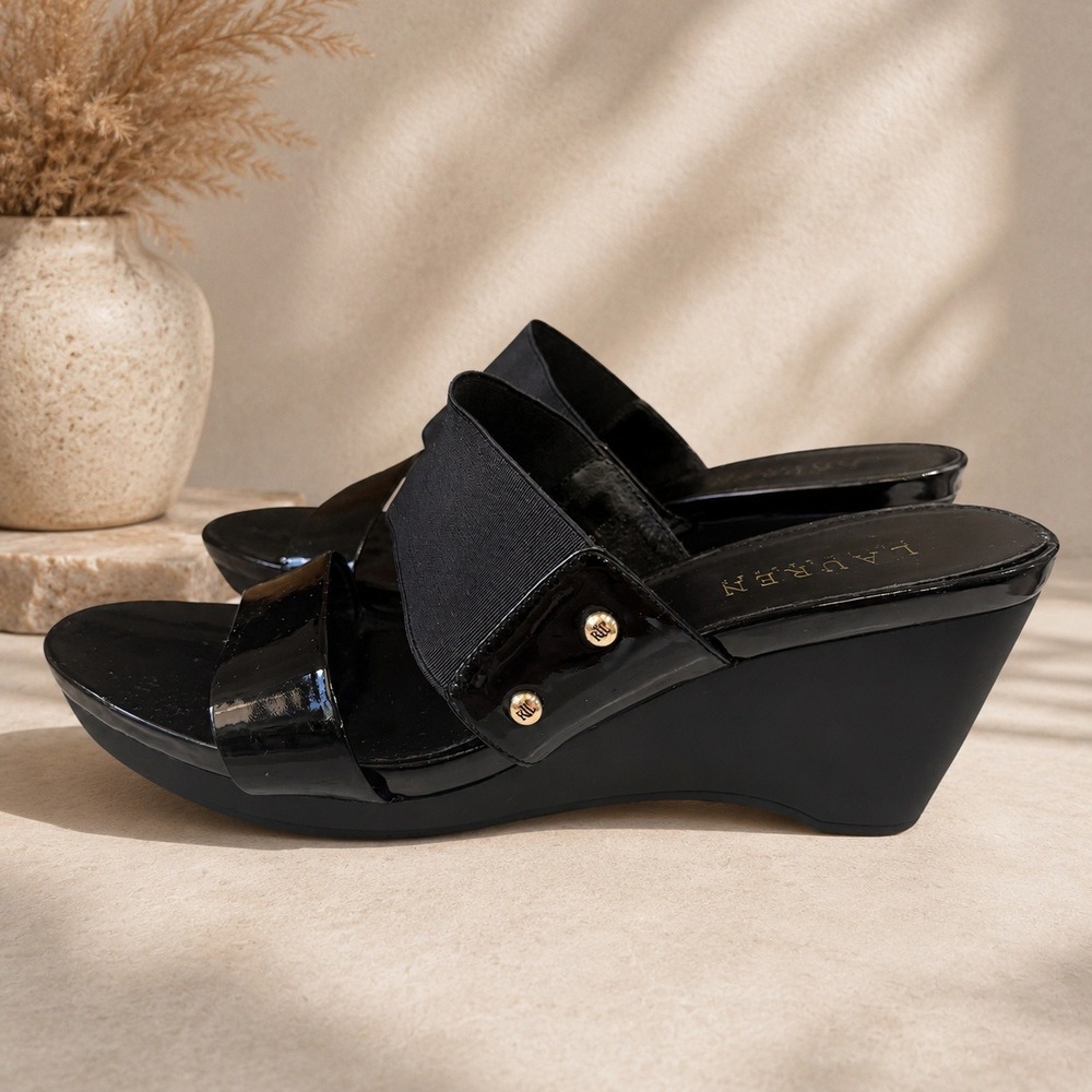 Lauren Ralph Lauren Black Patent Wedge Sandals‎ Y2K Minimalist Chic Heels SZ 9.5